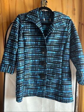 Striped Blue & Black Structured Women's Jacket with Decorative Buttons